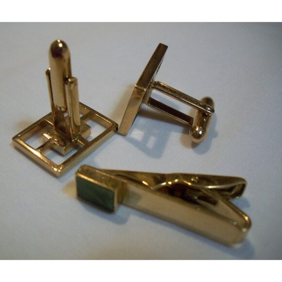 Lamode Karatclad Marbled Jade Square Stone Cufflinks Tie Clip Gold Tone Frame - Picture 3 of 7